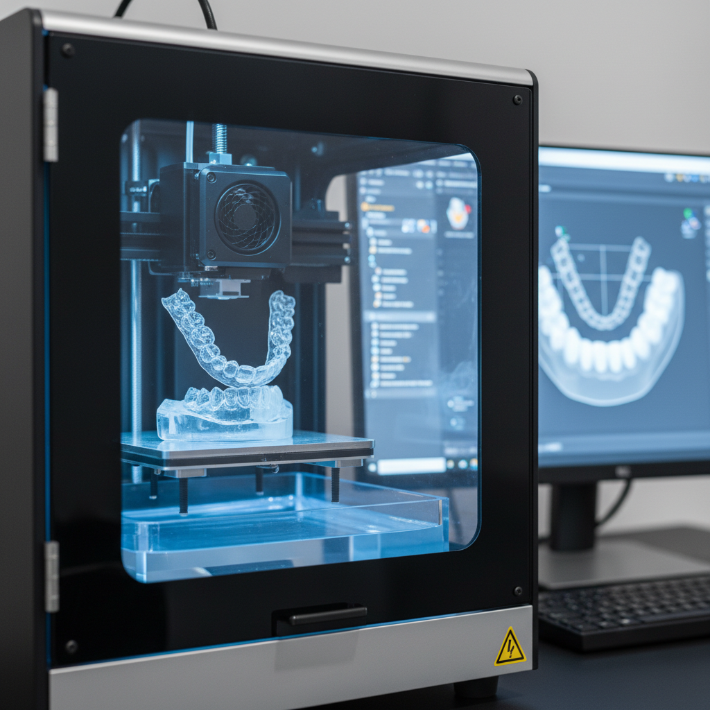 Modern orthodontic lab with 3D printer producing clear aligner trays and digital workflow software on monitors