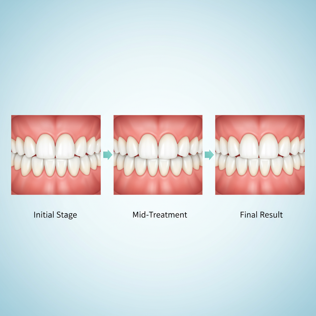 Illustration showing progressive tooth alignment through stages of orthodontic treatment