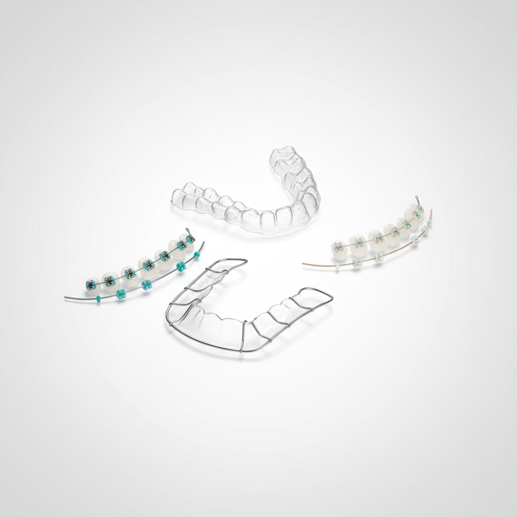 Display of modern orthodontic appliances including clear aligners, metal braces, ceramic braces, and retainers