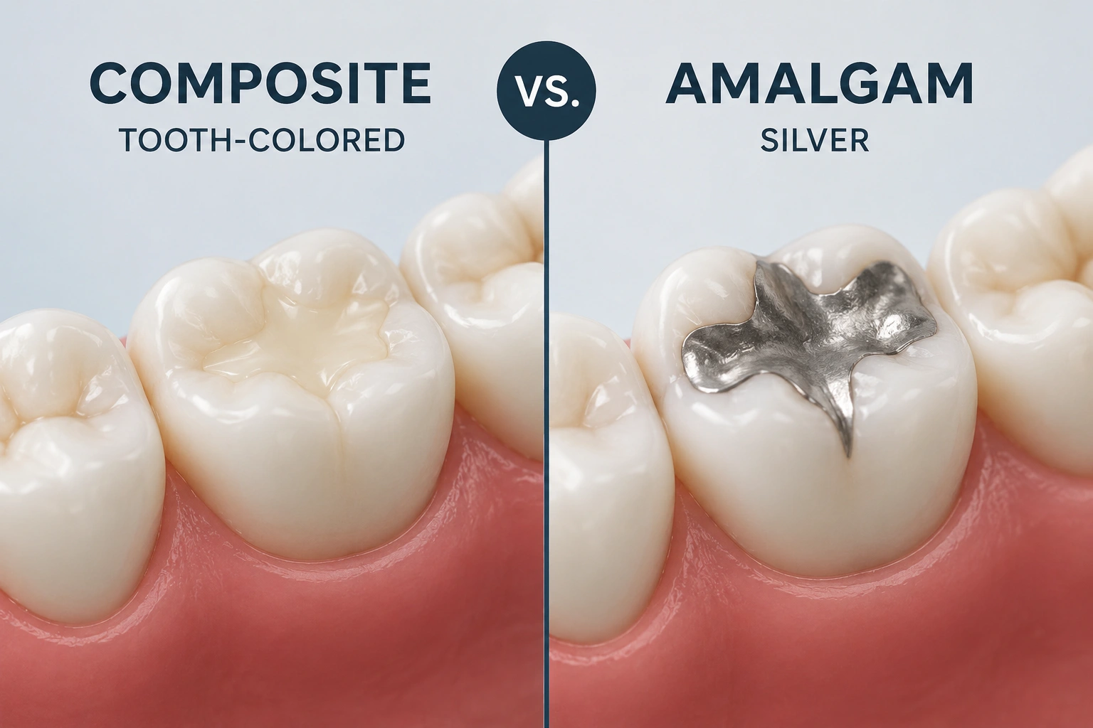 Tooth-colored composite filling material contrasted with a traditional silver amalgam restoration model