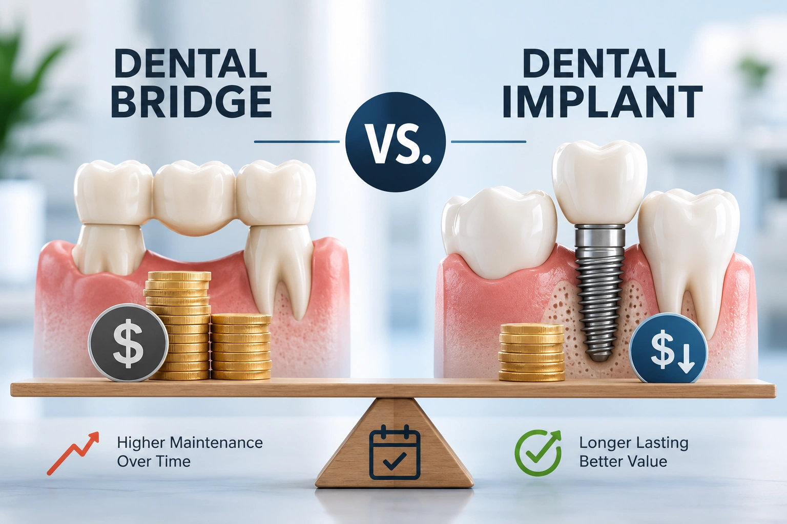 Dental bridge model next to a single-tooth implant restoration showing two ways to replace a missing tooth