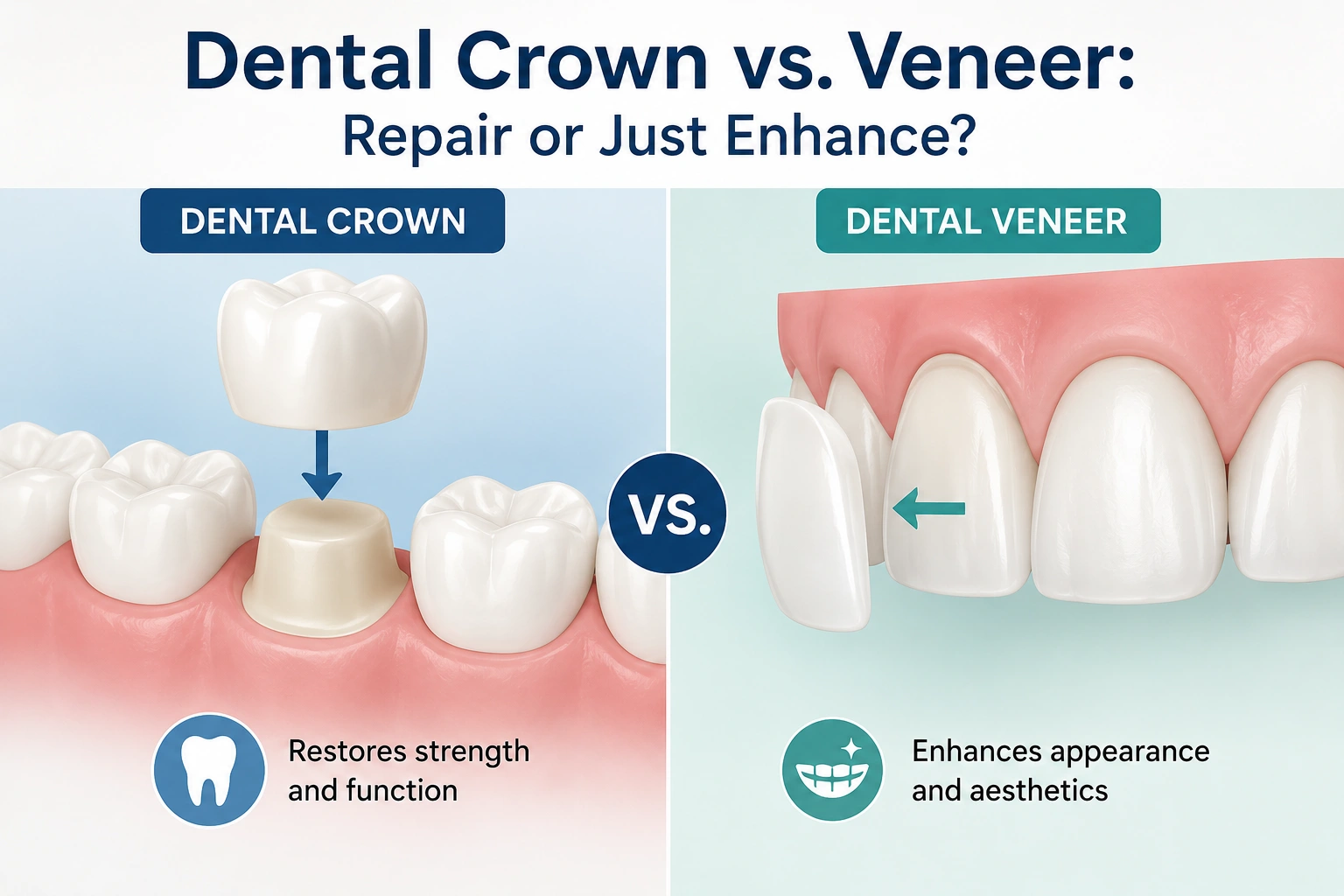 Dental crown and porcelain veneer samples showing full-coverage repair versus front-surface enhancement