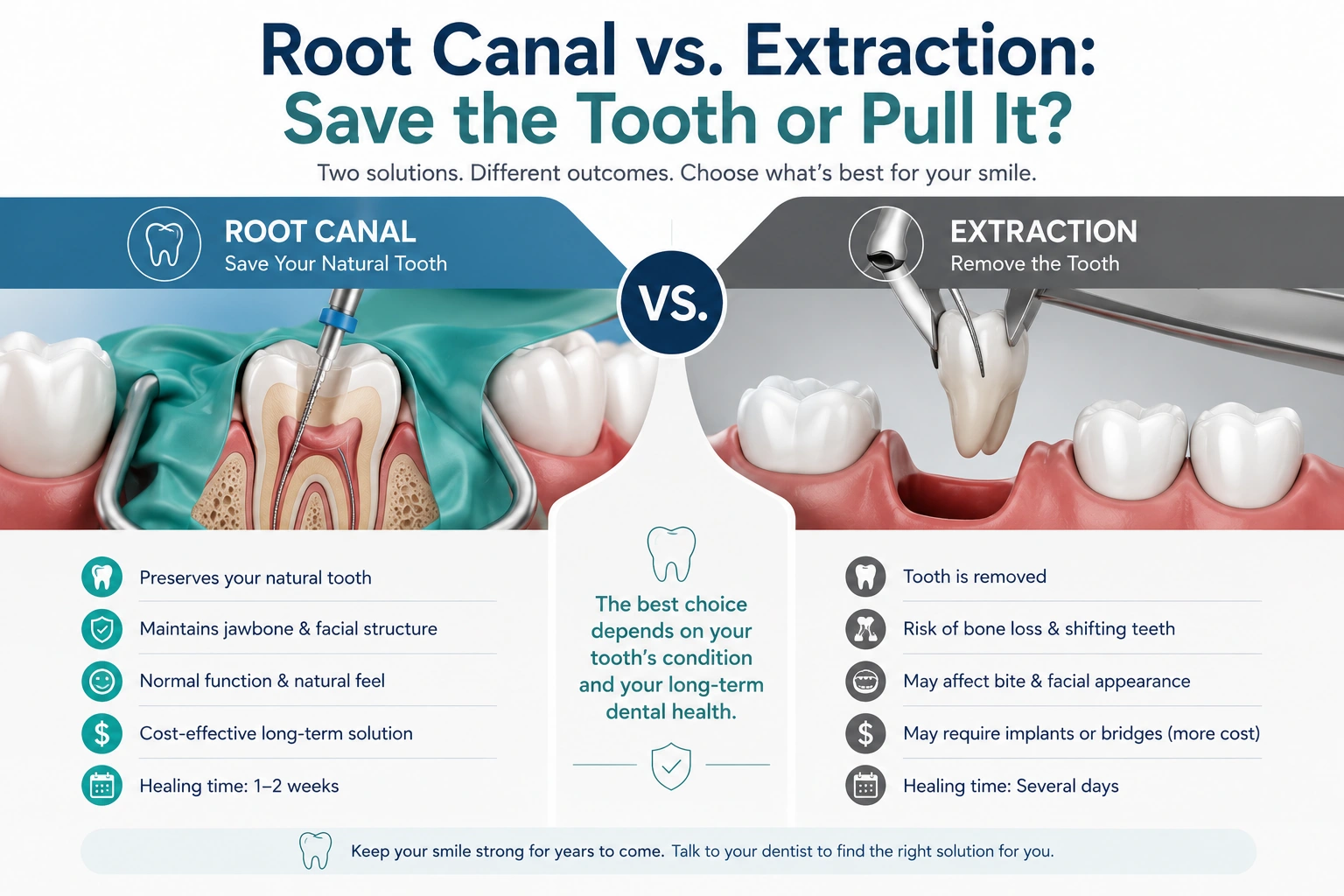 Dental diagram context for choosing root canal treatment versus tooth extraction